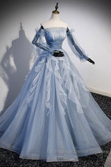 Sweet And Elegant Sky Blue Beaded Sequins Off The Shoulder Long Sleeved Ball Dress Sky Blue A-Line/Princess Strapless Backless Strap And Ground Length Semi Formal Prom Dress