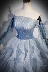 Sweet And Elegant Sky Blue Beaded Sequins Off The Shoulder Long Sleeved Ball Dress Sky Blue A-Line/Princess Strapless Backless Strap And Ground Length Semi Formal Prom Dress