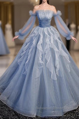 Sweet And Elegant Sky Blue Beaded Sequins Off The Shoulder Long Sleeved Ball Dress Sky Blue A-Line/Princess Strapless Backless Strap And Ground Length Semi Formal Prom Dress