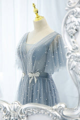 Sweet And Elegant Sky Blue Beaded Short Sleeved Sheer Ball Dress With Sky Blue A-Shaped Backless Strap And Ground Length Semi Formal Prom Dress