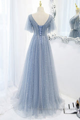 Sweet And Elegant Sky Blue Beaded Short Sleeved Sheer Ball Dress With Sky Blue A-Shaped Backless Strap And Ground Length Semi Formal Prom Dress