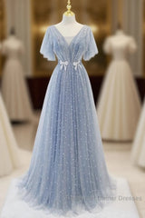 Sweet And Elegant Sky Blue Beaded Short Sleeved Sheer Ball Dress With Sky Blue A-Shaped Backless Strap And Ground Length Semi Formal Prom Dress