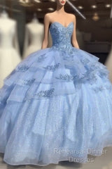 Sweet Blue Tulle Beaded Semi Formal Prom Dress Ball Gown Quinceanera Dress