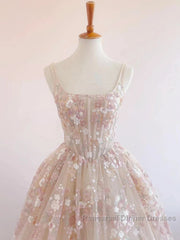 Sweet Light Champagne A-Line Tulle Sequin Applique Long Semi Formal Prom Dress Semi Formal Prom Dress Birthday Dress