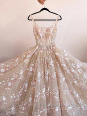 Sweet Light Champagne A-Line Tulle Sequin Applique Long Semi Formal Prom Dress Semi Formal Prom Dress Birthday Dress