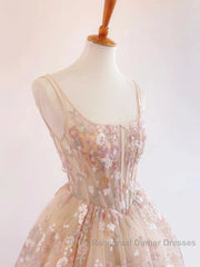 Sweet Light Champagne A-Line Tulle Sequin Applique Long Semi Formal Prom Dress Semi Formal Prom Dress Birthday Dress