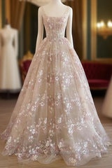 Sweet Light Champagne A-Line Tulle Sequin Applique Long Semi Formal Prom Dress Semi Formal Prom Dress Birthday Dress
