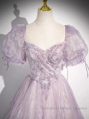 Sweet Lilac A-Line Sweetheart Tulle Beaded Long Semi Formal Prom Dress Puffy Sleeves Graduation Dress
