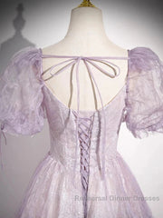 Sweet Lilac A-Line Sweetheart Tulle Beaded Long Semi Formal Prom Dress Puffy Sleeves Graduation Dress