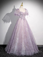 Sweet Lilac A-Line Sweetheart Tulle Beaded Long Semi Formal Prom Dress Puffy Sleeves Graduation Dress