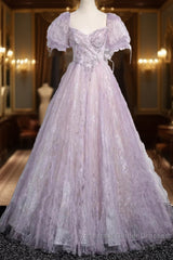 Sweet Lilac A-Line Sweetheart Tulle Beaded Long Semi Formal Prom Dress Puffy Sleeves Graduation Dress