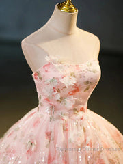Sweet Strapless Tulle Flower Pink Print Semi Formal Prom Dress