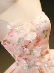 Sweet Strapless Tulle Flower Pink Print Semi Formal Prom Dress
