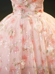 Sweet Strapless Tulle Flower Pink Print Semi Formal Prom Dress