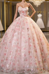 Sweet Strapless Tulle Flower Pink Print Semi Formal Prom Dress