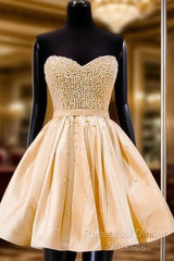 Sweetheart A-Line Knee Length Satin Homecoming Dress With Beading
