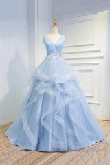 Sweetheart Blue Organza Ballgown V Neck Ruffles Appliques Semi Formal Prom Dresses Beautiful