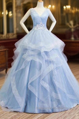 Sweetheart Blue Organza Ballgown V Neck Ruffles Appliques Semi Formal Prom Dresses