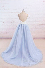 Sweetheart Neck Backless Blue And White Sweep Train Lace Semi Formal Prom Dress, Formal Dress