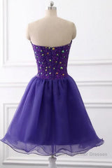 Sweetheart Neck Beaded Dark Purple Short Semi Formal Prom Dresses, Strapless Dark Purple Homecoming Dresses, Dark Purple Beaded Formal Evening Dresses