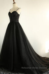 Sweetheart Neck Black Tulle Long Semi Formal Prom Dresses, Thin Straps Black Formal Evening Dresses, Black Ball Gown