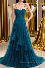 Sweetheart Neck Blue Long Semi Formal Prom Dresses, Long Blue Formal Graduation Evening Dresses
