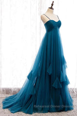 Sweetheart Neck Blue Long Semi Formal Prom Dresses, Long Blue Formal Graduation Evening Dresses
