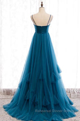 Sweetheart Neck Blue Long Semi Formal Prom Dresses, Long Blue Formal Graduation Evening Dresses