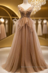 Sweetheart Neck Floor Length Champagne Lace Semi Formal Prom Dresses, Long Champagne Lace Formal Evening Dresses