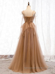 Sweetheart Neck Floor Length Champagne Lace Semi Formal Prom Dresses, Long Champagne Lace Formal Evening Dresses