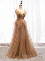 Sweetheart Neck Floor Length Champagne Lace Semi Formal Prom Dresses, Long Champagne Lace Formal Evening Dresses