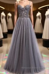 Sweetheart Neck Grey Sequins Tulle Long Semi Formal Prom Dresses, Grey Sequins Formal Evening Dresses