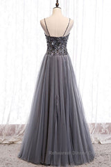 Sweetheart Neck Grey Sequins Tulle Long Semi Formal Prom Dresses, Grey Sequins Formal Evening Dresses
