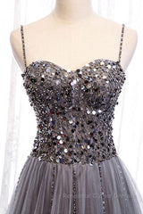 Sweetheart Neck Grey Sequins Tulle Long Semi Formal Prom Dresses, Grey Sequins Formal Evening Dresses