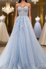 Sweetheart Neck Light Blue Lace Tulle Long Semi Formal Prom Dresses, Light Blue Lace Formal Graduation Evening Dresses