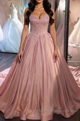 Sweetheart Neck Pink Lace Semi Formal Prom Dresses, Pink Lace Long Formal Evening Dresses