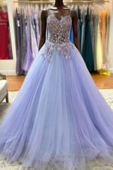 Sweetheart Neck Purple Tulle Long Semi Formal Prom Dresses with Lace Appliques, Purple Lace Formal Graduation Evening Dresses