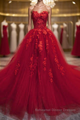 Sweetheart Neck Red Lace Floral Long Semi Formal Prom Dresses, Red Lace Formal Evening Dresses, Red Ball Gown