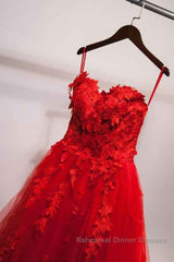Sweetheart Neck Red Lace Floral Long Semi Formal Prom Dresses, Red Lace Formal Evening Dresses, Red Ball Gown