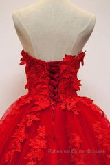 Sweetheart Neck Red Lace Floral Long Semi Formal Prom Dresses, Red Lace Formal Evening Dresses, Red Ball Gown