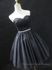 Sweetheart Neck Short Black Semi Formal Prom Dresses, Little Black Formal Evening Graduation Dresses