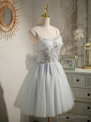 Sweetheart Neck Short Gray Tulle Prom Dresses, Short Grey Tulle Formal Graduation Dresses