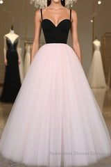Sweetheart Neck Spaghetti Straps 2 Pieces Black Top Light Pink Long Semi Formal Prom Dresses, Light Pink Formal Dresses, Evening Dresses