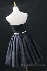 Sweetheart Neck Strapless Black Short Semi Formal Prom Dresses, Open Back Black Homecoming Dresses, Black Formal Evening Dresses