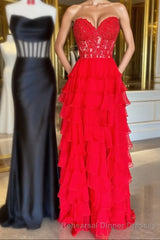 Sweetheart Red Corset Chiffon Ruffle Long Semi Formal Prom Dress