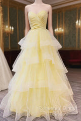 Sweetheart Tulle Yellow Ruffles Long Semi Formal Prom Dress