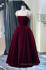 Tea Length Velvet Semi Formal Prom Dresses, Velvet Tea Length Formal Homecoming Dresses