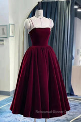 Tea Length Velvet Semi Formal Prom Dresses, Velvet Tea Length Formal Homecoming Dresses