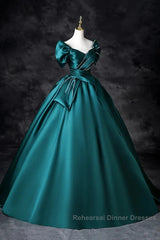 Teal A-Line Off The Shoulder Satin Long Semi Formal Prom Dress, Elegant Evening Dress