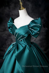 Teal A-Line Off The Shoulder Satin Long Semi Formal Prom Dress, Elegant Evening Dress